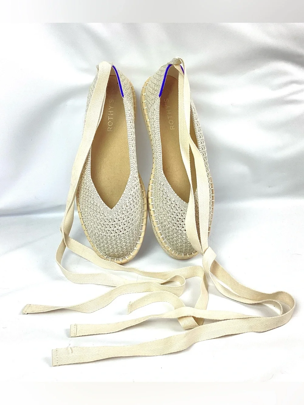 Rothy’s Diamond Metallic Knit Ballet Espadrille with Ribbon in Ivory & Silver 9